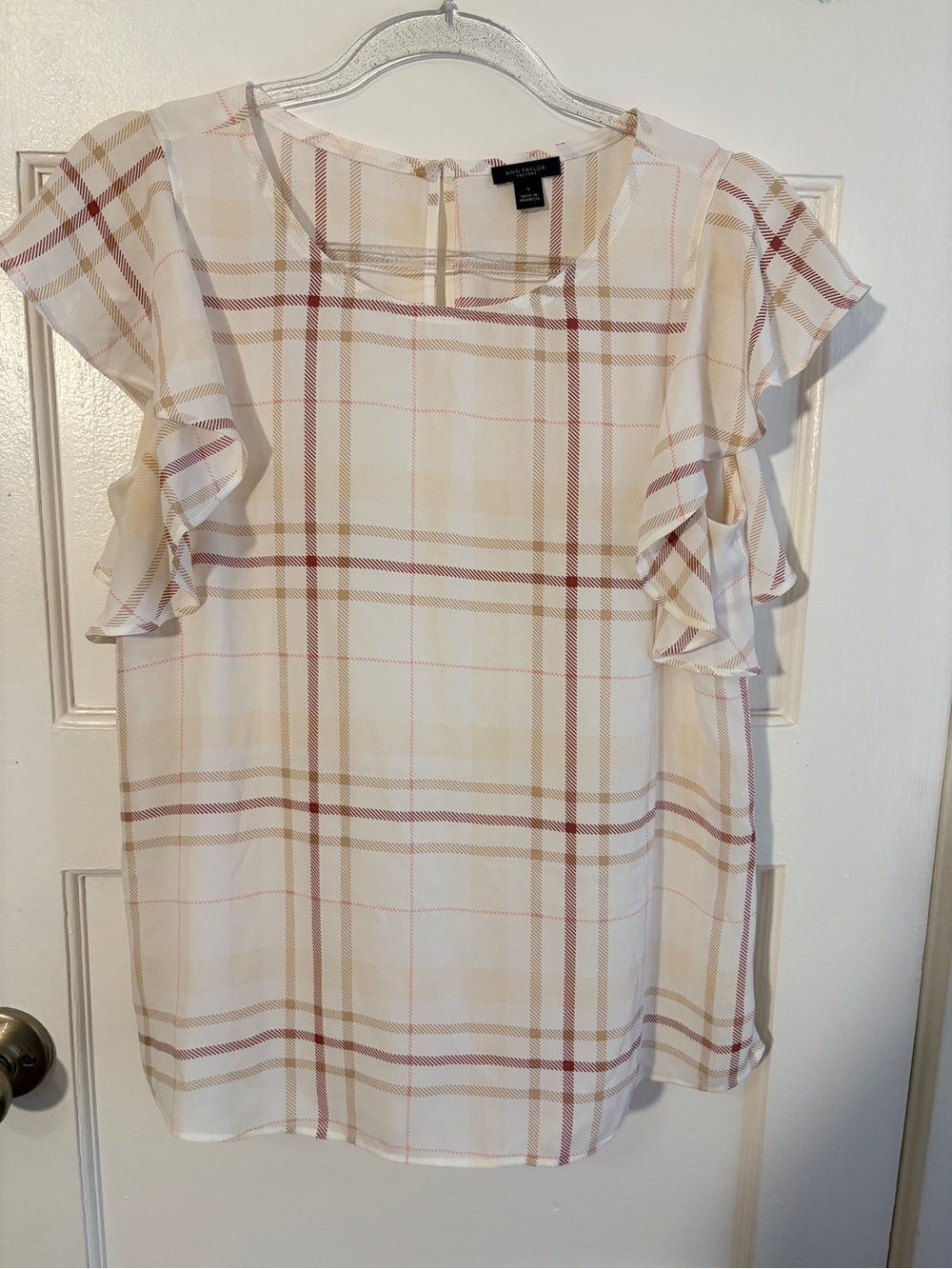 Ann Taylor Cream Plaid Ruffle Sleeve Blouse